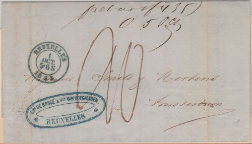 Belgien/Niederlande - Brüssel 1853 blauer K2 Portobrief n. Amsterdam