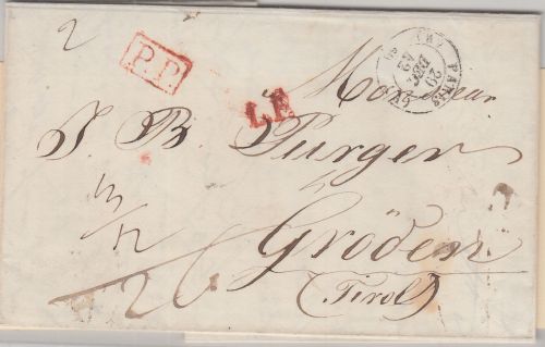 Frankreich/Österreich - Paris 1842 Grenzfrankobrief n. Gröden "P.P." + "L.F."