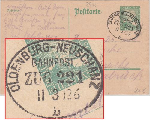 DR - Oldenburg Neuschanz Zug 221 Bahnpost 5 Pfg. Ganzsache n. Bramsche 1926