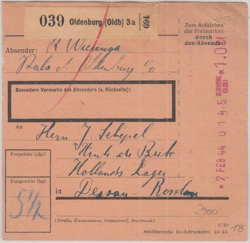 DR - Oldenburg 3a 1,05 RM Registrierkassen-Stpl. Paketkarte n. Dessau 1944