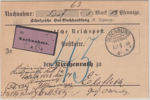 DR - Oldenburg (Grossh.) 15.5.86 KOS unfrank. Nachnahmekarte n. Elsfleth