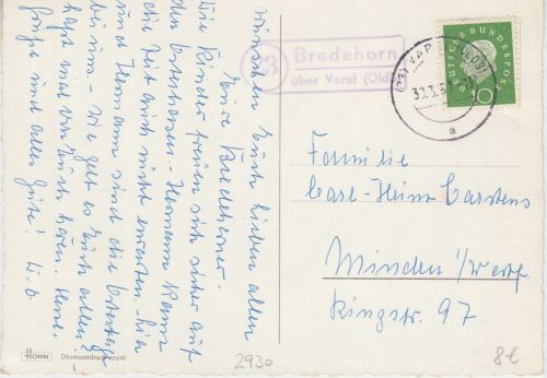 BRD - (23) Bredehorn ü. Varel (Oldb.) Landpost-Ra2 Karte n. Minden 1961
