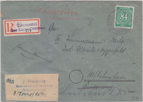 All.Bes. Bensersiel ü. Esens Poststelle I Einschreibebrief n. Wilhelmshaven 1947