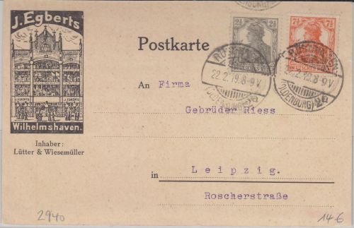 DR - 7 1/2+2 1/2 Pfg. Germania illustr. Firmenkarte Rüstringen - Leipzig 1919