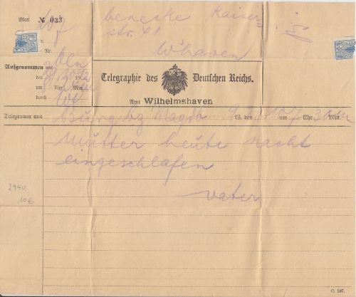 DR - Wilhelmshaven 1912 Telegramm aus Burg b. Magdeburg