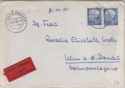 BRD - 2x40 Pfg. Heuss II Eilbrief Wilhelmshaven - Ulm/postlagernd 1962