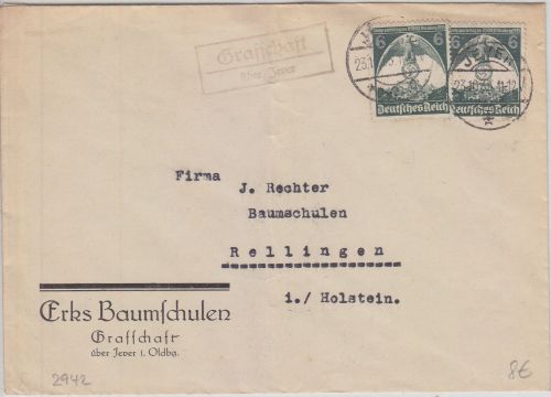 DR - Grafschaft ü. Jever Landpost-Ra2 Brief n. Rellingen 1935