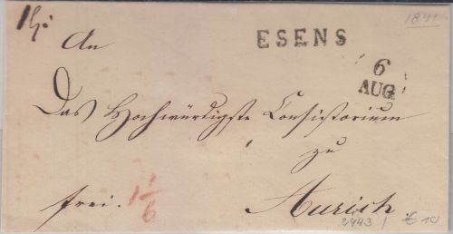Hannover - Esens L1 u. Datums-K1 6.AUG Frankobrief n. Aurich ca. 1840