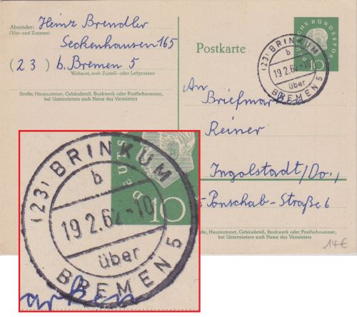 BRD - (23) Brinkum ü. Bremen 5 Poststelle II 10 Pfg. Ganzsache n. Ingolstadt