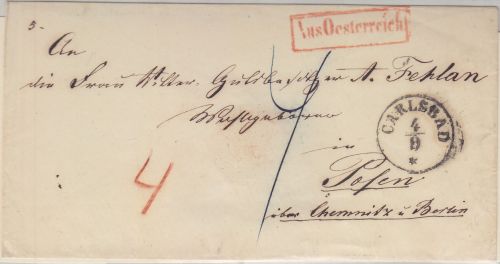 Österreich/Preussen - Carlsbad 4/9 "Aus Österreich" roter Ra1 Portobrief n Posen