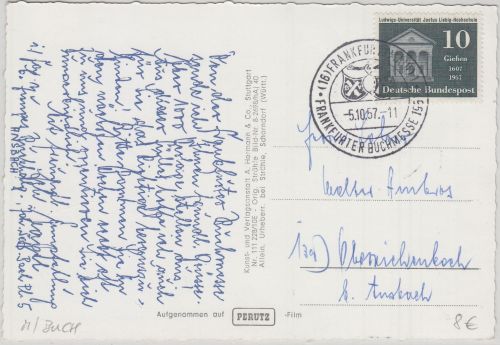 BRD - Frankfurt a/M 1957 SST Frankfurter Buchmesse Karte n. Ansbach