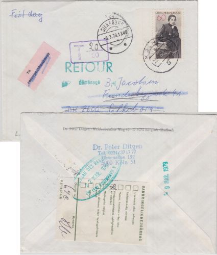BRD - 60 Pfg. Agnes Miegel Brief n. DÄNEMARK Köln - Silkeborg 1979 Nachporto