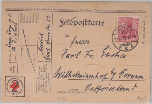 DR - Aurich 1919 Feldpostkarte/Formularaufbrauch n. Wilhelminenhof