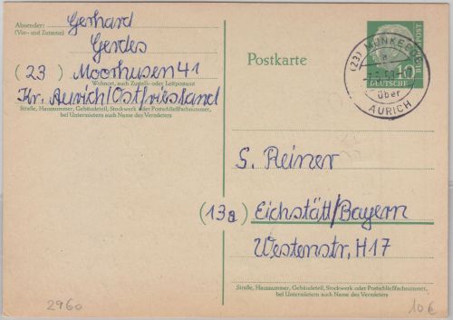BRD - (23) Münkeboe ü. Aurich Poststelle I 10 Pfg. Ganzsache n. Eichstätt 1958