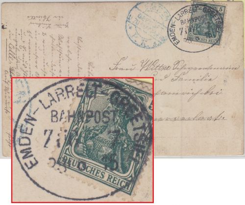 DR - Emden Larrelt Greetsiel Zug 7 Bahnpost Zensurkarte/priv. Foto-AK Hinte 1915