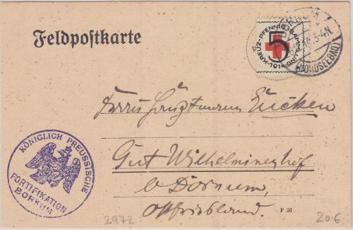 DR - Borkum Kgl. Preuss. Fortifikation Feldpostkarte m Vignette Rotes Kreuz 1914