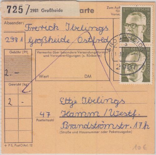 BRD - 2x1 DM Heinemann Paketkarte Großheide - Hamm 1971