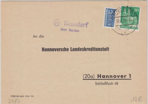 Bizone - (23) Nenndorf ü. Norden Landpost-L2 Karte n. hannover 1951