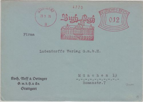 DR - Stuttgart 1936 12 Pfg. AFS Buch Koch Brief n. München