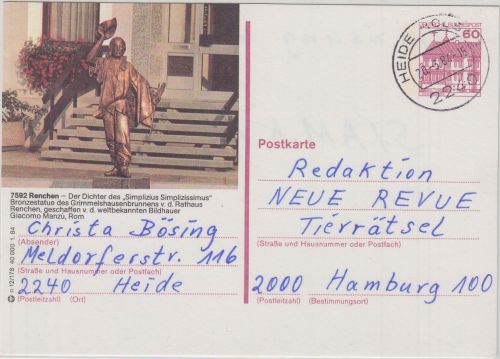 BRD - 60 Pfg. B&S Bildganzsache Simplizissimus/Grimmelshausen Heide 1984