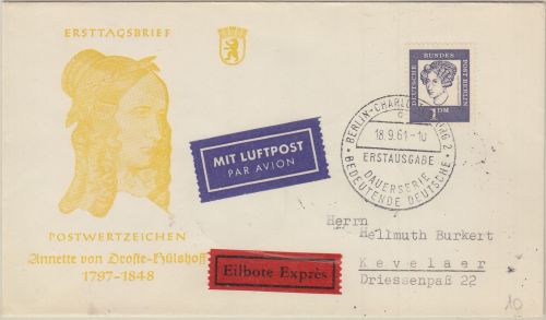 Berlin - 1 DM Droste-Hülshoff Luftpost-Eilbrief/Schmuck-FDC ESST 1961n. Kevelaer