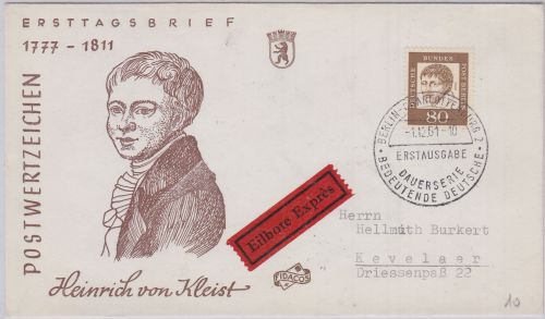 Berlin - 80 Pfg. Heinrich v. Kleist Eilbrief/Schmuck-FDC ESST 1961n. Kevelaer