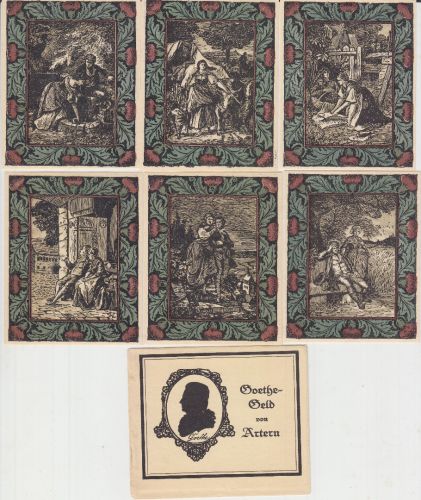 Dichter - Goethe Notgeld Artern 1921 - 6 verschiedene 50 Pfg. Scheine + Hülle