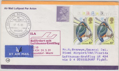 England - 2x10 P. Eisvogel u.a. Schiffspost-Zuleitung LH-Erstflug 1981