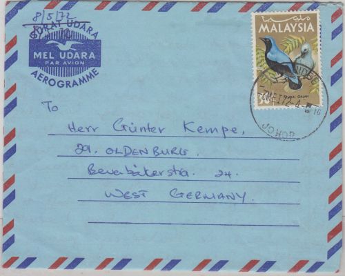 Malaysia - 30 C. Elfenblauvogel Aerogramme Majidee Johor - Oldenburg 1972