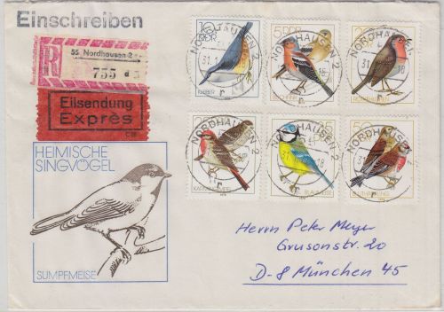 DDR - Heimische Singvögel Eilboten-Einschreibebrief Nordhausen - München 1979