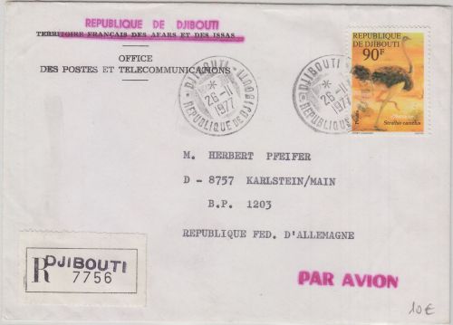 Dschibuti - 90 F. Vogel Strauß Luftpost-Einschreibebrief n. Karlstein 1977