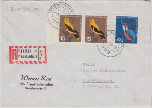 BRD - 40 Pfg. Eisvogel u.a. Einschreibebrief Friedrichshafen - Schwetzingen 1963