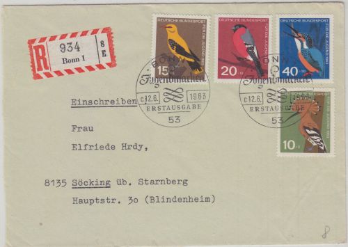 BRD - Jugen 1963 Einh. Vögel Satz Einschreibebrief/FDC + ESST Bonn