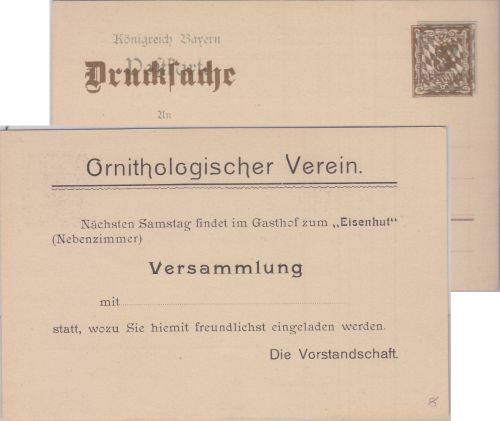 Bayern - 3 a. 2 Pfg. Raute Ganzsache priv. Zudruck Ornithologischer Verein