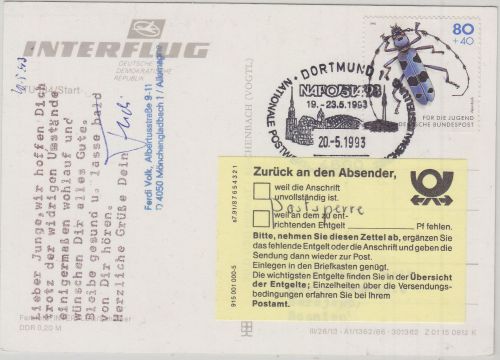 BRD/Postsperre BOSNIEN - 80 Pfg. Alpenbock Luftpostkarte Dortmund Sarajevo 1993