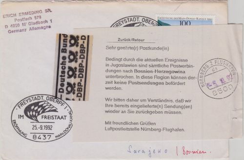 BRD/Postsperre BOSNIEN - Hinweiszettel Luftpostleitstelle Nürnberg Brief 1992