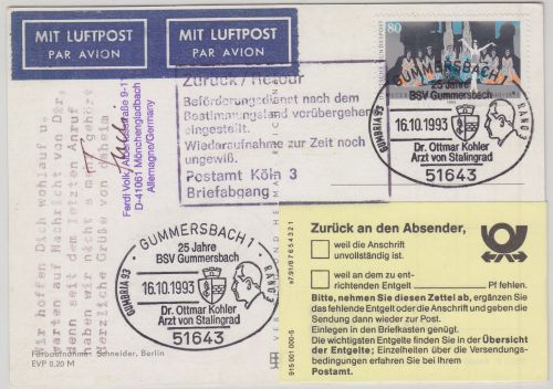 BRD/Postsperre BOSNIEN - Gummersbach 1993 Luftpostkarte Hinweis-Ra8 PA Köln 3