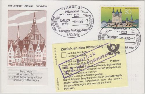 BRD/Postsperre BOSNIEN - Laage 1994 Luftpostkarte "Zurück z.Z. kein Postverkehr"