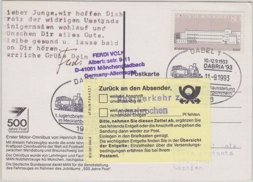 BRD/Postsperre BOSNIEN Dabel 1993 Luftpostkarte "Postverkehr z.Z. unterbrochen"