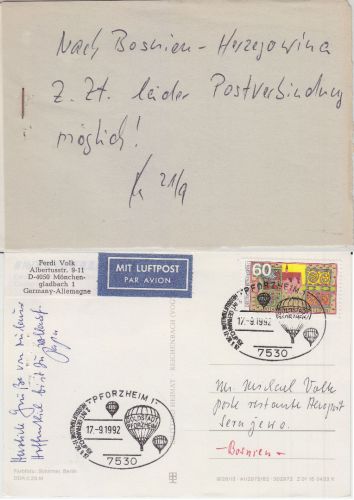BRD/Postsperre BOSNIEN - Pforzheim 1992 Luftpostkarte prov. Hinweiszettel