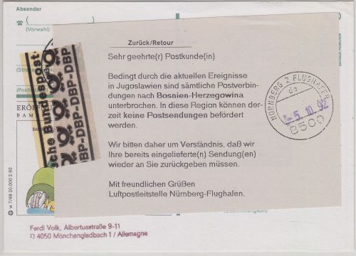 BRD/Postsperre BOSNIEN - Hinweiszettel Luftpostleitstelle Nürnberg Brief 1992
