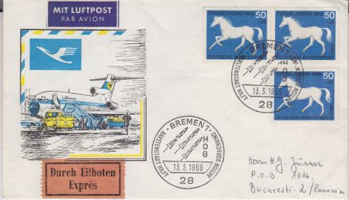 Berlin - 3x50 Pfg. Jugend/Pferde Lupo-Eilbrief n. RUMÄNIEN SST Bremen 1969