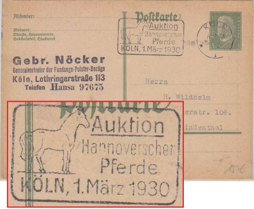 DR - Köln 1930 "Auktion Hannoverscher Pferde" Masch.werbestpl. 5 Pfg. Ganzsache