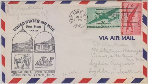 USA - New York 1947 First Flight n. Lydda/PALÄSTINA