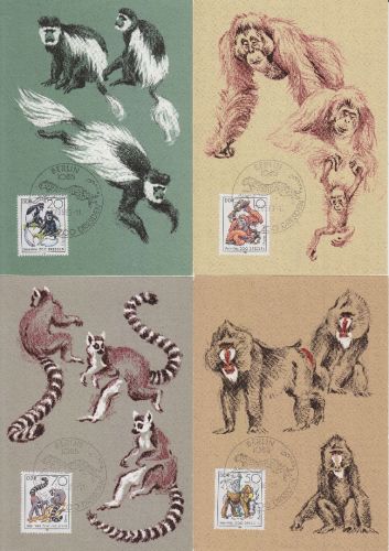 DDR - Dresdner Zoo/Affen 4 amtl. Maximumkarten + ESST Berlin 1986