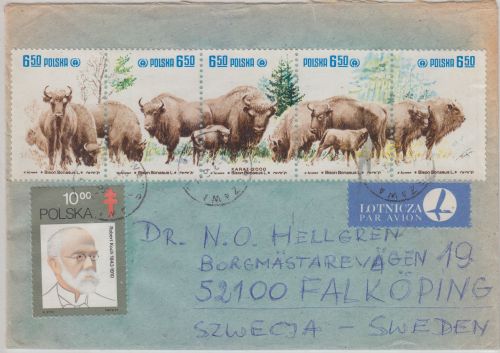 polen - Naturschutz/Wisent 5er-Streifen u.a. Luftpostbrief Warschau 1986