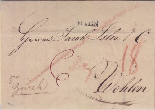 Österreich/Schweiz - Wien L1 Grenzfrankobrief "pr. Zürich" n. Wohlen 1829