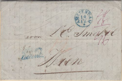 Niederlande/Preussen/Österreich Amsterdam 14/12 blauer K1 Grenzfrankobrief 1842