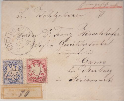 Bayern - 10+20 Pfg. Wappen Wz.2 Einschreibebrief n. ÖSTERREICH Adelholzen 1879