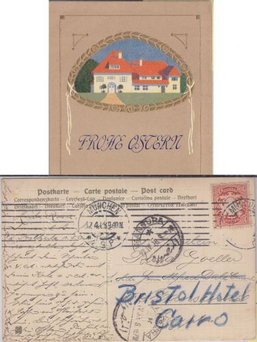 Bayern - 10 Pfg Wappen Osterkarte n. ÄGYPTEN München Mansura 1908 Weiterleitung